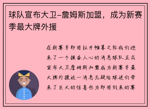 球队宣布大卫-詹姆斯加盟，成为新赛季最大牌外援